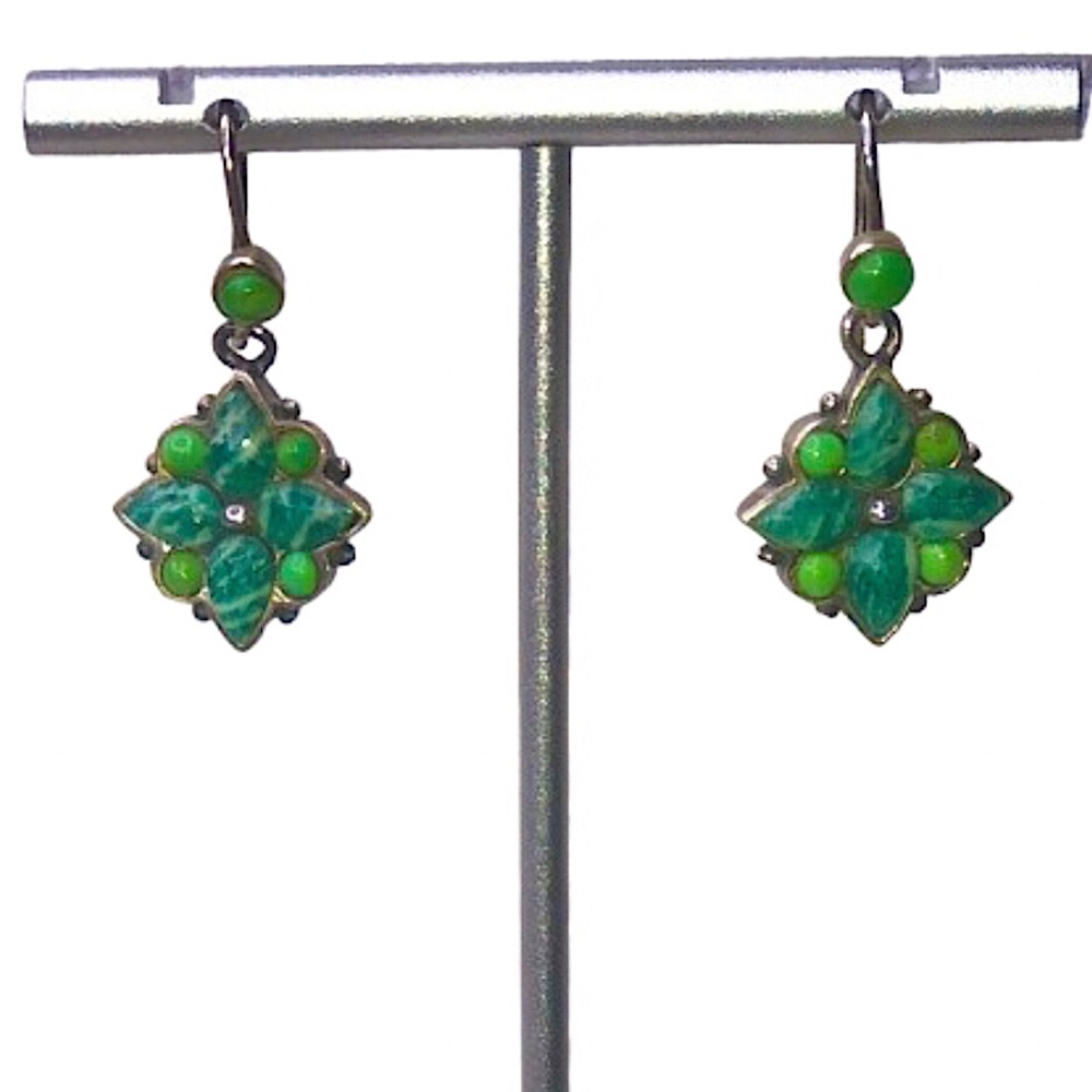 VINTAGE BARSE Green Turquoise Malachite Sterling Silver Floral Drop Earrings